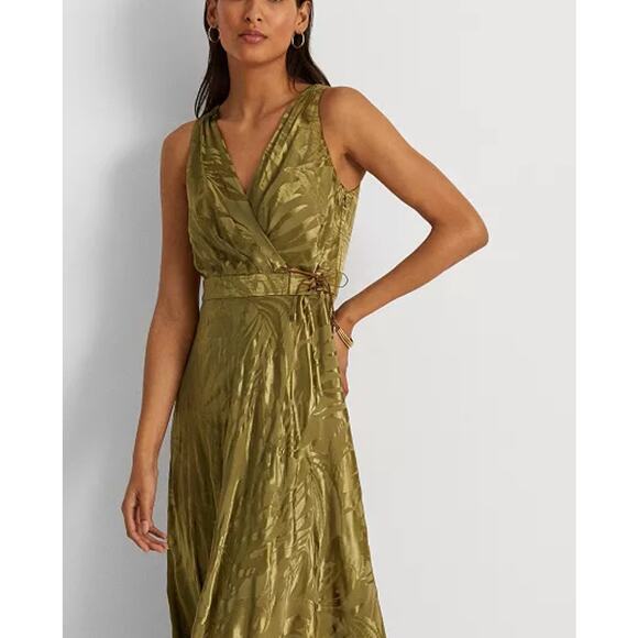 Lauren Ralph Lauren Palm Leaf Jacquard Sleeveless Dress Olive Green Size 16 NWT - Picture 3 of 13